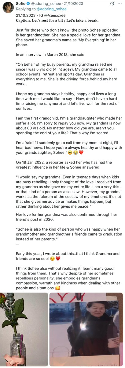 adoring_sohee's tweet photo. I just wanna re-share all these again because watching Sohee yesterday somehow brought so many things back to my mind 🥺

I personally love Sohee not just as a celebrity I admire, but more like a little sister I care about so much eventho we live in completely different worlds and she doesn’t even know I exist. To me she is my little baby..so kind and pure. She has such a soft and fragile heart sometimes, but at the same time, she has an incredibly strong will. And strangely enough, I myself have learned a lot from her through the years.

One thing I always admire about her is how she never seems to truly HATE people. Like real hate. Even towards people who disappointed or hurt her badly like haters or her parents.

And I think almost every year, even if it’s only one sentence here and there, she still mentions them. And despite everything that became public about her family, I don’t remember her ever publicly speaking badly about them or trying to humiliate them. She still protects their dignity in her own way.

I know many people probably think she simply cut her mom off completely and that was the end of it, but from Sohee’s own words, it was never that simple. Even back in 2020, she said she didn’t have frequent contact with her mom, but when she found out about the debts, she still tried to help repay them bcoz her mom was the daughter of the grandma who raised her. And also bcoz she was still her mom.

Then when another case happened in 2022, her agency finally drew a very firm line that Sohee would no longer be responsible for debts that weren’t hers. But even in that statement, they still said “It is true that the natural bond between a mother and daughter cannot be severed.”

But anyway, despite all these unfortunate things in her life, I also feel like God gave Sohee love back in so many other forms.

She has her best friends and even their families who have loved her, doted on her and stayed by her side for years until now. People who support her in whatever she does and treat her like their own family.

She has her stylist team who has been with her for around 7 yrs now. They have literally watched her go through so many messy parts of life too, family issues, friendships, relationships, career ups and downs…and they’re still right there behind her, taking care of her.

And yes, even though many of you hate her agency, I’m still thankful that whenever her personal legal issues became serious, they stepped in and handled them properly. They helped her with the legal and court matters and protected her private matters enough that we only learned about those cases when the debtors themselves brought them to the media.

Even during the times when so many people were saying the agency should just drop her, they didn’t.

She also has so many directors, co-stars, staff and people she worked with who continue to say warm things about her even long after the project ended.

And of course, she has us too. Sosamo from all over the world who may never be physically beside her, but genuinely just want this girl to be happy, healthy and safe 🥺

And maybe many people don’t know this either.

In 2020, when her mother’s debt controversy first exploded, a reporter from OSEN wrote that around 10 of Sohee’s friends and acquaintances personally came forward bcoz they wanted to help her and didn’t want the public to misunderstand her. Nobody forced them to do that. They didn’t gain anything from it. They just wanted to speak up for her.

And idk, maybe I’m biased bcoz I love her, but if Sohee was really such a bad person behind the scenes, I honestly don’t think around 10 people from her past would voluntarily step forward at one of the worst moments of her career just bcoz they wanted people to know what she was actually like.

Sohee always says she doesn’t have many friends, but baby…maybe you don’t realize how deeply the people who DO know you actually love you 🥹

After all that, you deserve this love 💗