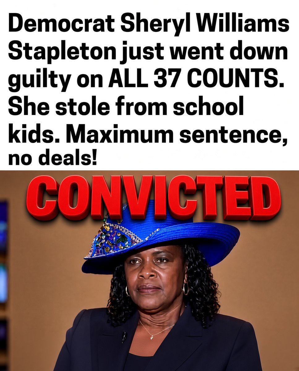 TrumpGirlLove's tweet photo. A federal jury found former New Mexico House Majority Leader Sheryl Williams Stapleton guilty on all 37 counts — bribery, fraud, money laundering, conspiracy — after she steered school career-tech money to a friend’s company and took about $1.15 million back. Sentencing is still coming. “Maximum sentence, no deals” is a demand, not the sentence yet.