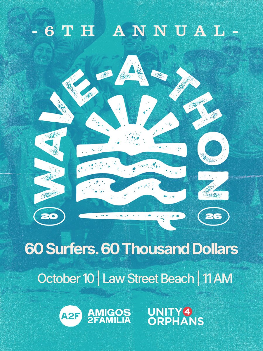 Unity4Orphans's tweet photo. The 6th Annual Wave-A-Thon is officially on! And this year, we’re bringing our community together with one big goal: 60 surfers. $60,000. 100% for vulnerable and orphaned children. ❤️

You don’t have to surf to make an impact.

Visit https://t.co/pJTHJZoQkd to learn more! https://t.co/DMYW1CbfK9