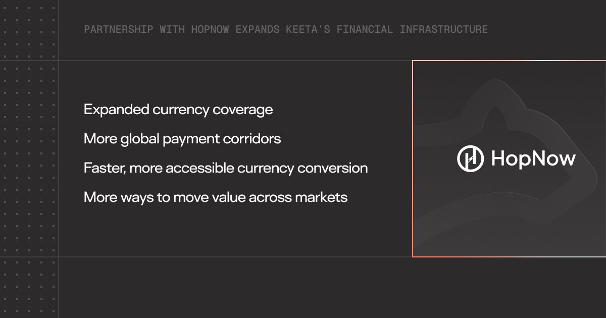 KeetaNetwork's tweet photo. (5/5) This partnership will expand the services and connectivity available to Keeta users while making currency conversion faster and more accessible.

More currencies. More corridors. More ways to move value.

We're excited to go live with HopNow! https://t.co/wKPYYlzhhq