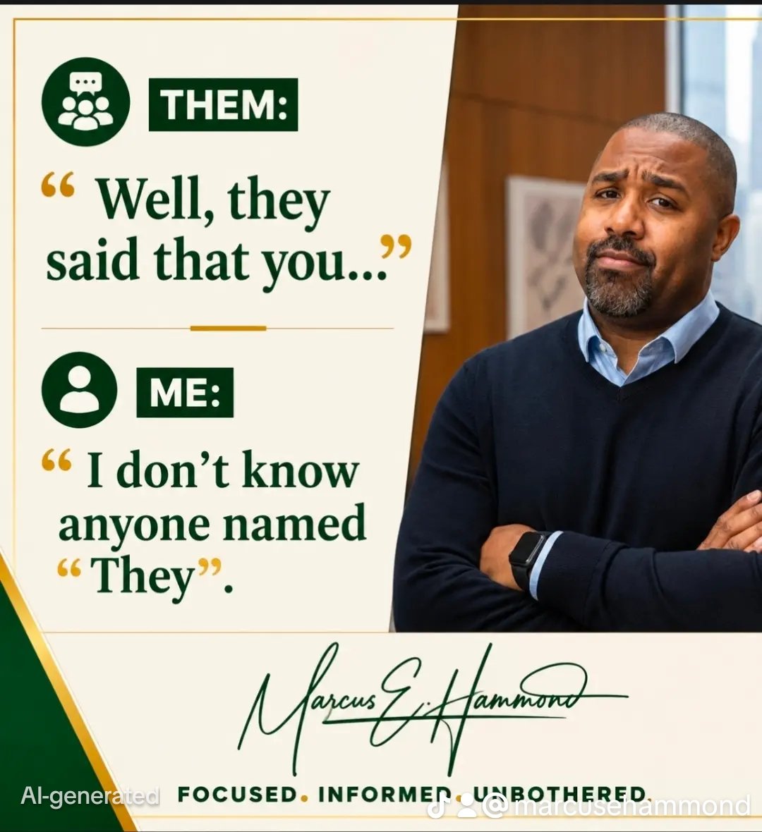 MarcusEHammond's tweet photo. When y'all find out who "They" is, will y'all please let me know? 

Because I'm quick to reply, "I don't know anyone named "They", so I'm neither concerned with nor moved by what "They" said. 🤷🏿‍♂️

Too often, a simple "I don't know enough about this to have an opinion" will do. https://t.co/UyBsD2bIu1