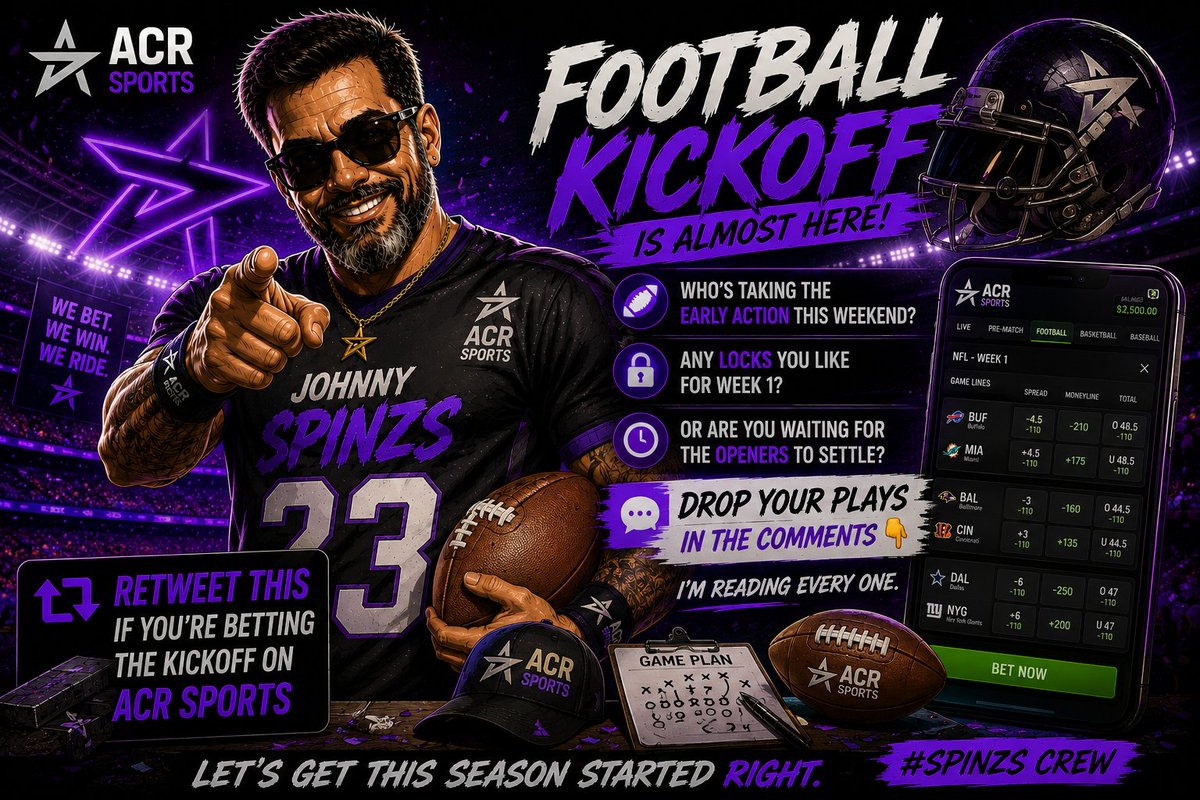 JohnnySpinzs's tweet photo. Yooo 🔥 Football is almost back!
Who’s taking early action this weekend? 🏈
Got a Week 1 lock? Drop it 👇
Or waiting for the openers to settle?

I’m reading every play 👀

RT if you’re betting kickoff on ACR Sports.

Let’s get this season started right. 💪

#ACRSports #ACRPoker https://t.co/pd4oV1z4h8