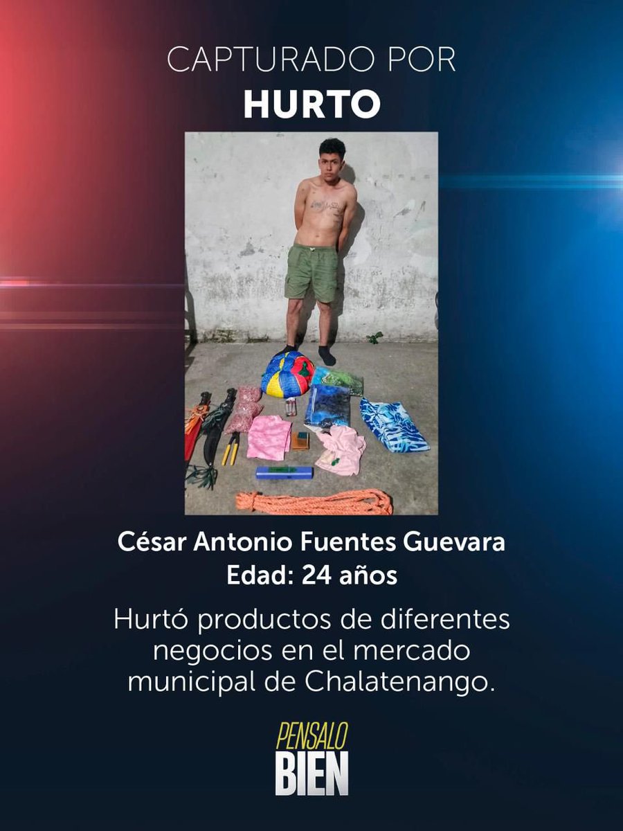 Informa2ESA's tweet photo. 🚨 LO CAPTURAN DURANTE HURTO

La Policía capturó a César Antonio Fuentes Guevara, de 24 años, señalado de ingresar durante la noche al mercado municipal de Chalatenango para hurtar productos de varios negocios.

Fue sorprendido en flagrancia y se le decomisaron los objetos que intentaba sustraer. Enfrentará un proceso por hurto.