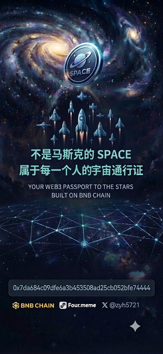 zyh5721's tweet photo. 🪐 这不是马斯克的 SpaceX，这是属于每一个普通人的 Web3 宇宙通行证！
专注于去中心化星际叙事与社区自治。拒绝喊单，共赴星辰大海！🚀💎
下一个万倍狗狗币，从这里启航。
​合约 (CA)：
0x7da684c09dfe6a3b453508ad25cb052bfe74444
​#SPACE #BNBChain #Meme #Web3 https://t.co/d1Ts0O7BPq