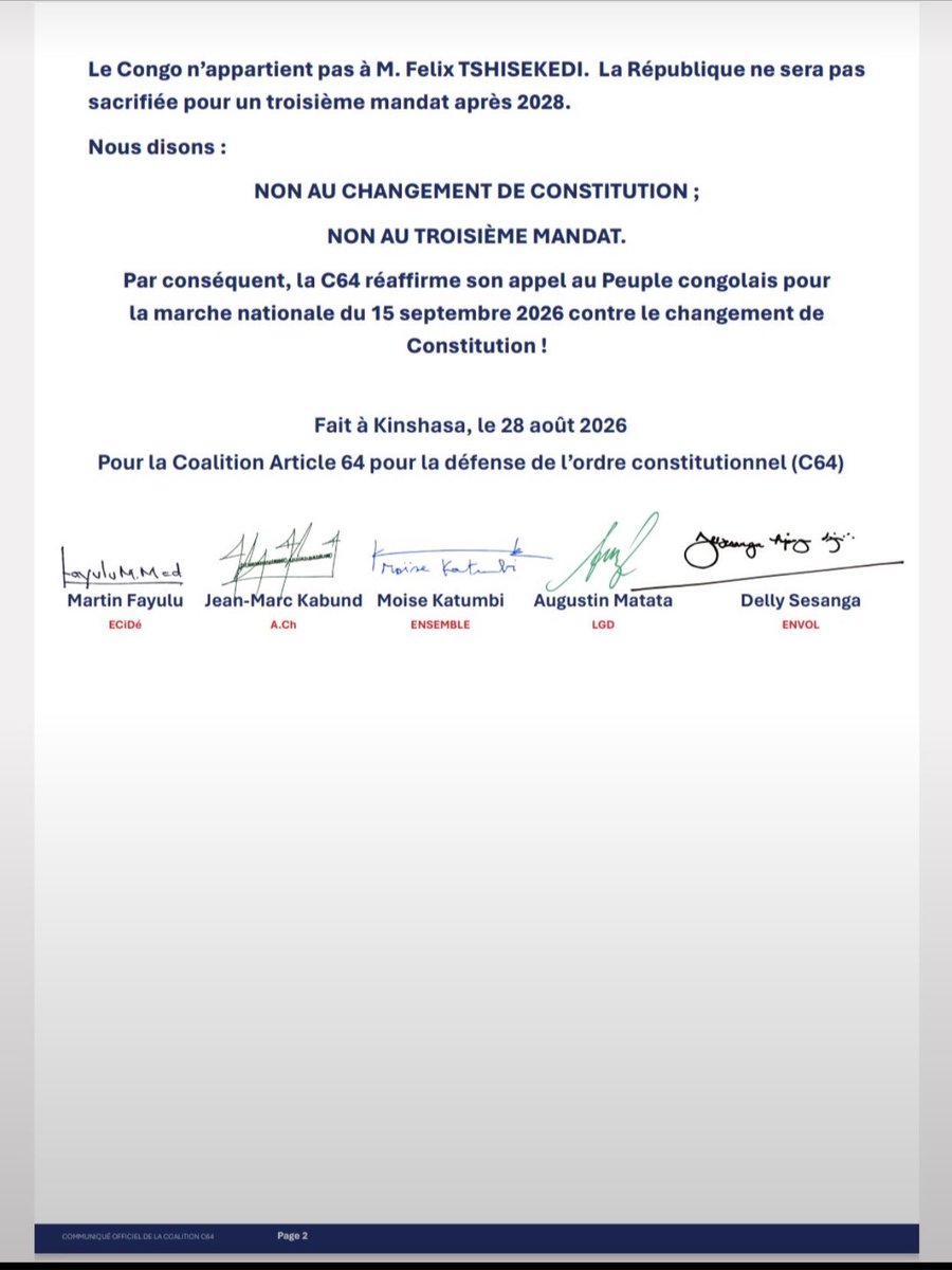 Kilosho03's tweet photo. #RDC : Nous la Coalition Article 64 rejettons les consultations populaires et appellons à une marche le 15 septembre contre le changement de la Constitution.

@kabund_jmkkrock @MartinFayulu @moise_katumbi @Mapon_Matata @LubulaOdry @tshiamanyiku #CONGO https://t.co/5n8zM8nThi