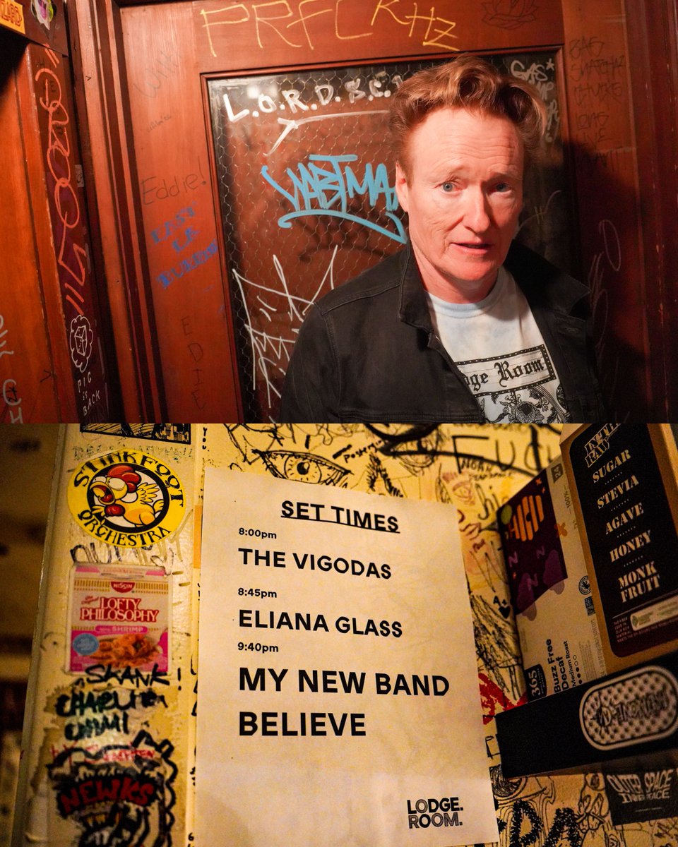 ConanOBrien's tweet photo. The Vigodas at @lodgeroom 8.26.26. Thanks to @mynewbandbelieve and Eliana Glass for having us. More shows in September! https://t.co/pLjjDSENpW