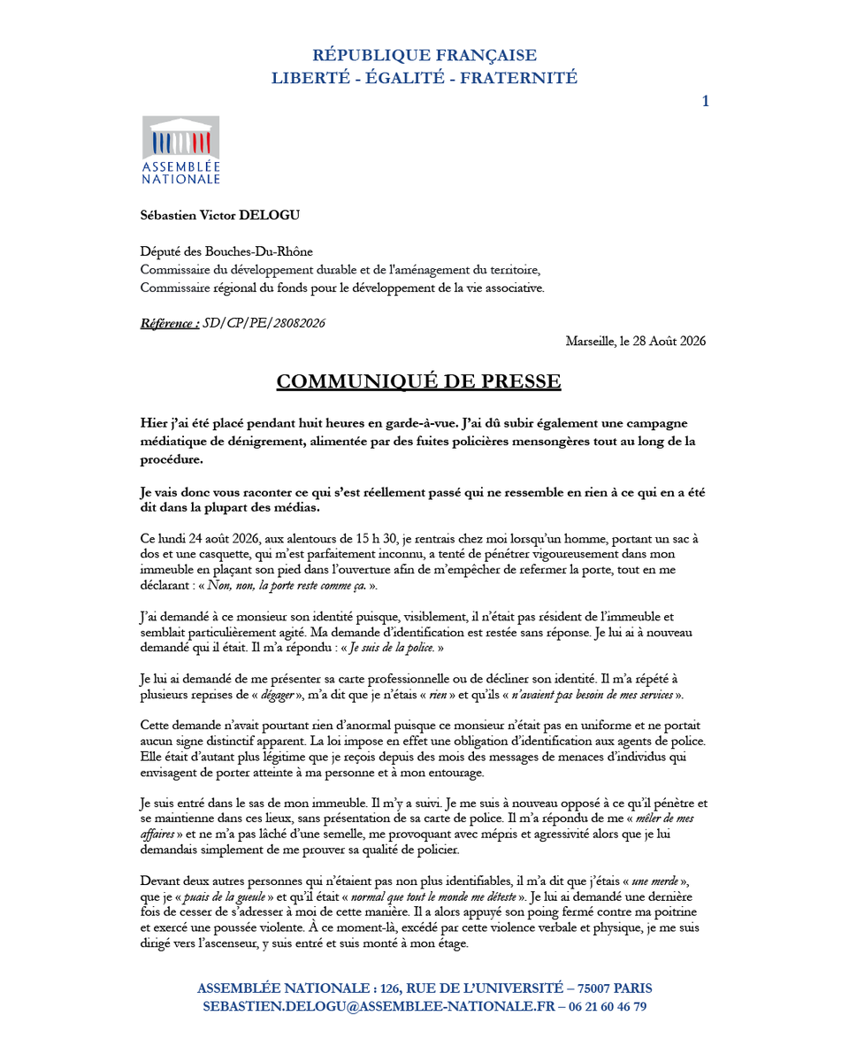 JLMelenchon's tweet photo. À Marseille, la "police nationale" s'acharne sur Sébastien Delogu député insoumis de Marseille. Elle le provoque, l'humilie, le pourchasse, abuse de son pouvoir.

Si le grand banditisme local ne se montre pas très inquiet, il en va tout autrement du reste de la population. Juges menacés à domicile, passant matraqué, défiguré ou mort à leur balcon. L'ancien préfet de police de Marseille, désormais ministre Nuñez, couvre par principe tout et n'importe quoi. Pour lui, traiter un député de "trou du cul" est un comportement normal pour un policier. Et mérite la garde à vue du député. C'est le monde à l'envers. Et pour un ministre ? Le supporterait-il ?

Je le redis : cette organisation policière sera révisée de la cave au grenier si nous gagnons en 2027. Aucune personne honnête, aucun passant, aucun manifestant à Marseille ne se sentira plus menacé d'abus de pouvoir, d'insultes et de violences par ceux dont la mission est à l'inverse.