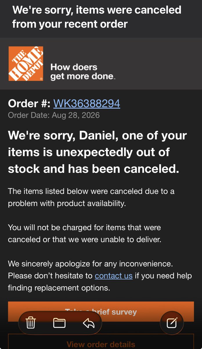 DannyD1186's tweet photo. @GlitchedDeals Home Depot cancelled 😢 https://t.co/0hCENUlH3g