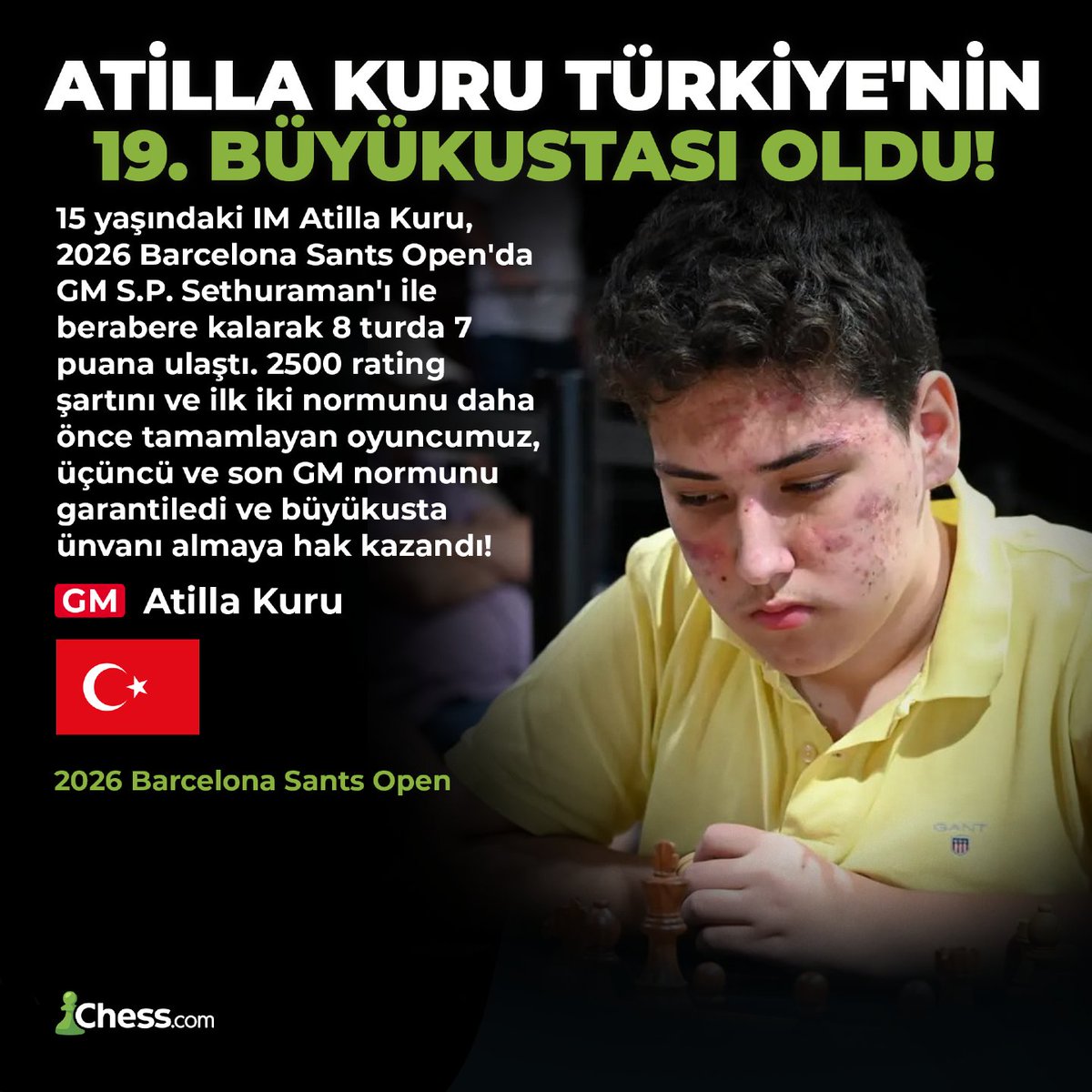 chesscom_tr's tweet photo. TÜRKİYE'NİN 19. BÜYÜKUSTASI! https://t.co/bcpvwtq7At