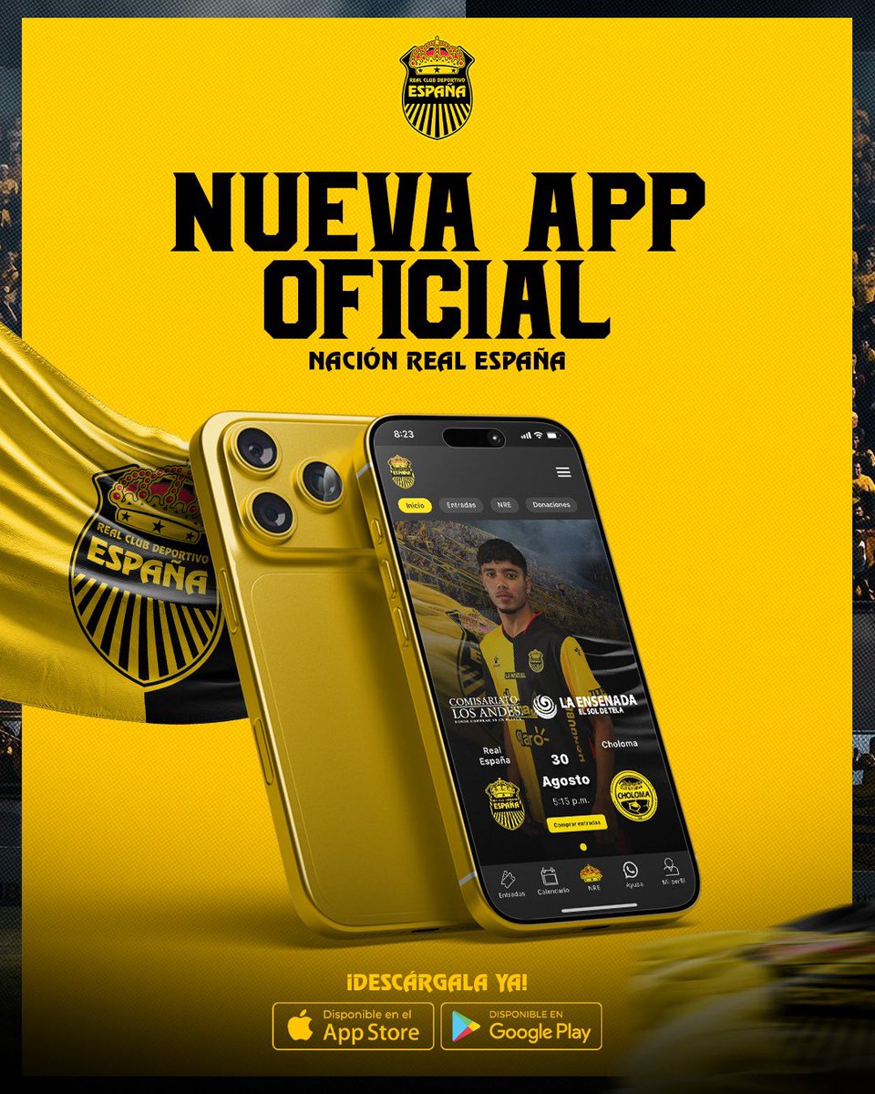 rcdespana's tweet photo. ¡Bienvenidos a Nación Real España! 🖤💛📲

La nueva aplicación oficial del Real Club Deportivo España llega para acercarte aún más al equipo.

Desde la app podrás acceder a entradas, calendario, novedades, contenido del club y mucho más, todo desde un solo lugar. https://t.co/ZuLitTDhiZ