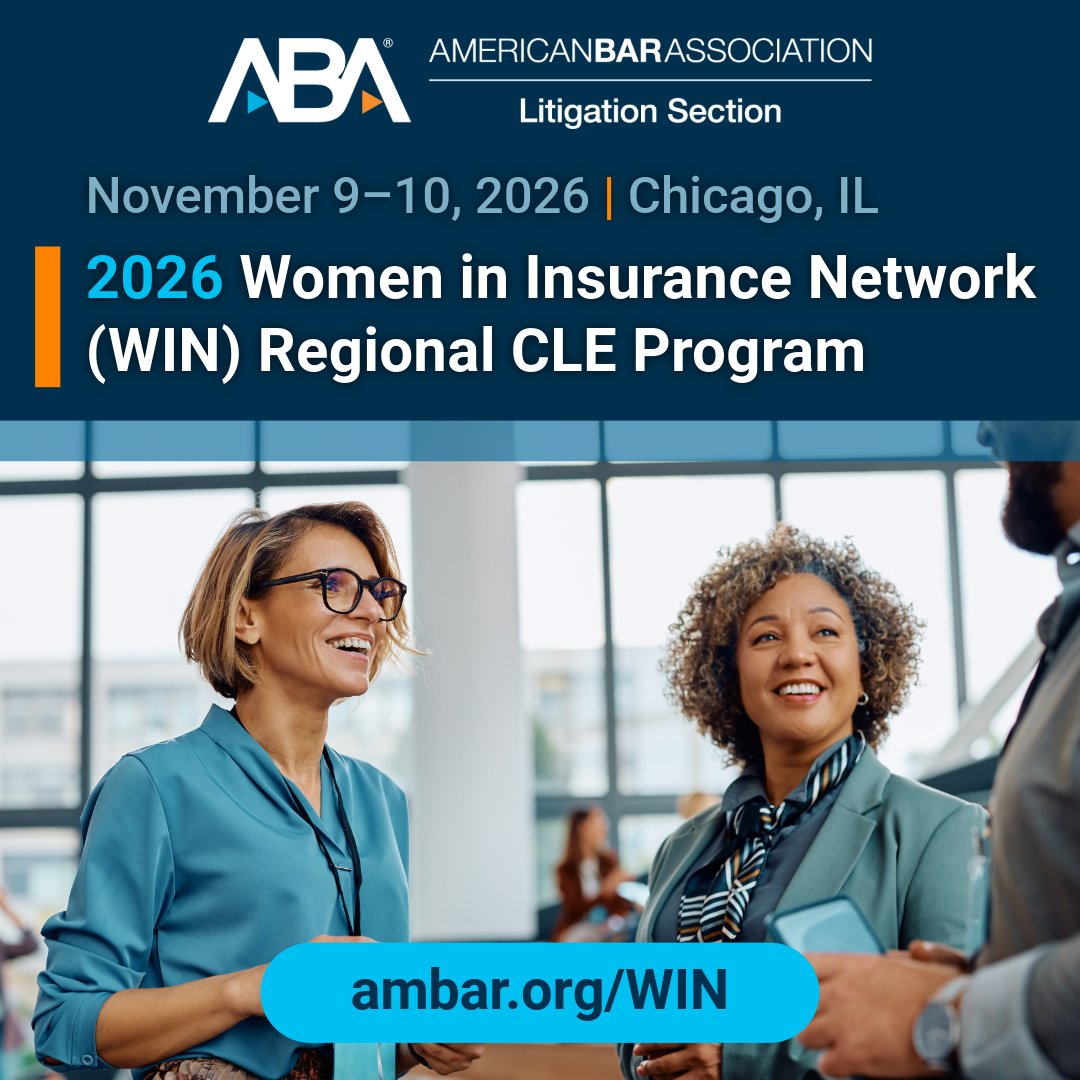 ABALitigation's tweet photo. 📢 The 2026 Women in Insurance Network Regional CLE Program brings together leading practitioners, in-house counsel, risk professionals, insurers, and outside counsel for two days of programming and networking in Chicago.
 
Learn more and register at https://t.co/cEb0C2ZiRy. https://t.co/uCn8zYtVSm