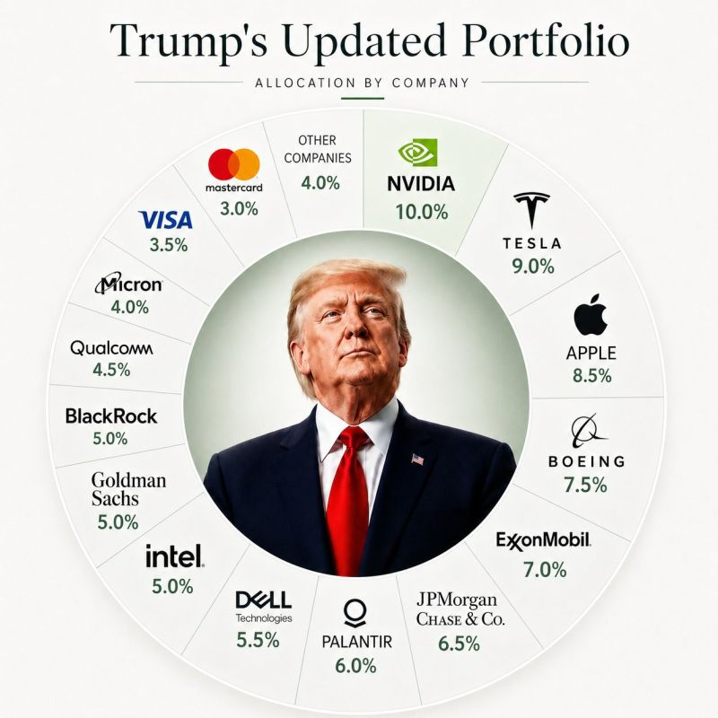 MilkRoadStocks's tweet photo. Trump's updated portfolio is basically a bet that America wins the AI race. (Save this)

His largest position is $NVDA at 10.0%, followed by $TSLA at 9.0% and $APPL at 8.5%.

Other notable names:

$BA: 7.5%
$XOM: 7.0%
$JPM: 6.5%
$PLTR: 6.0%
$DELL: 5.5%
$GS: 5.0%
$INTC: 5.0%

Every major position is either an AI play, a US financial giant or a domestic industrial.

Use the link below to see exactly what our PRO analysts hold.
