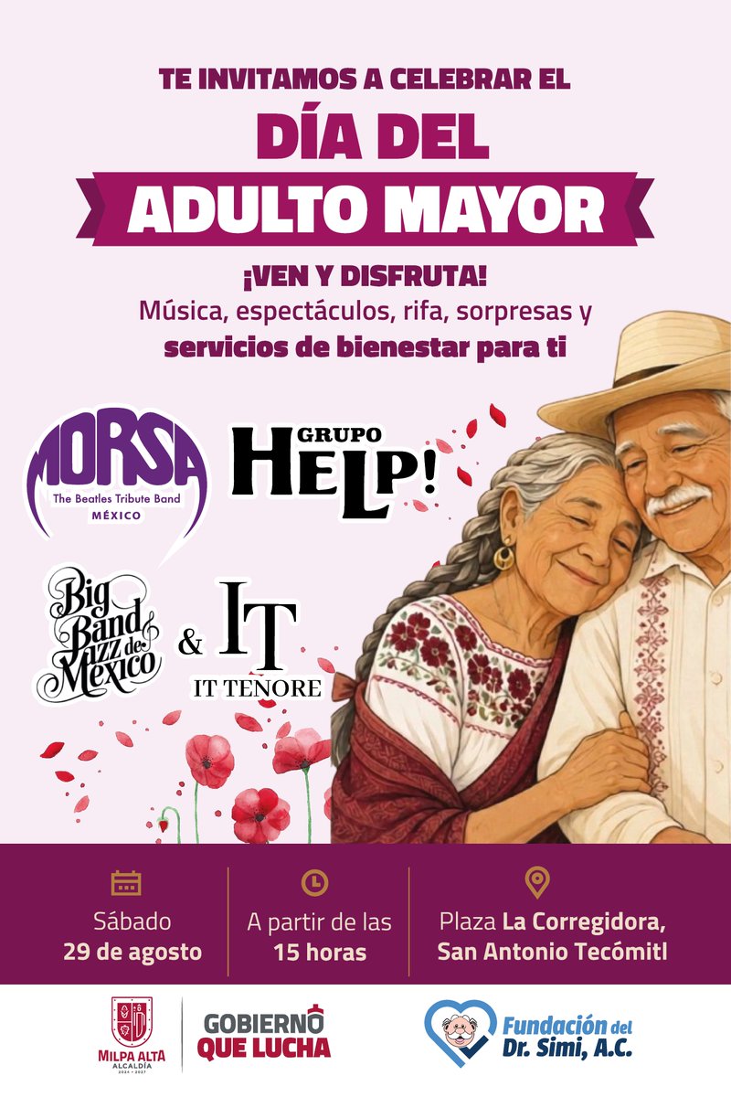 Alc_MA16's tweet photo. No hay nadie que se merezca más una celebración que nuestros abuelitos y adultos mayores 
📆 29 de agosto
⏰ A partir de las 15 horas
📍 Plaza La Corregidora, San Antonio Tecómitl
🎟️ Entrada libre
¡No faltes, habrá increíble música, rifas y muchas sorpresas más! https://t.co/6xjjLXrEKn