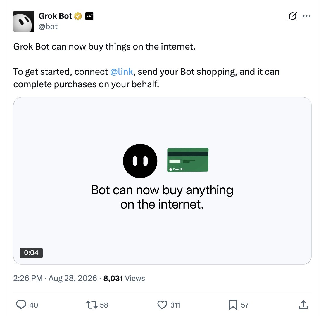 sarthakgh's tweet photo. Big day for humans asking agents to buy for them on the internet
(powered by @link) https://t.co/KlBHz0A4ip