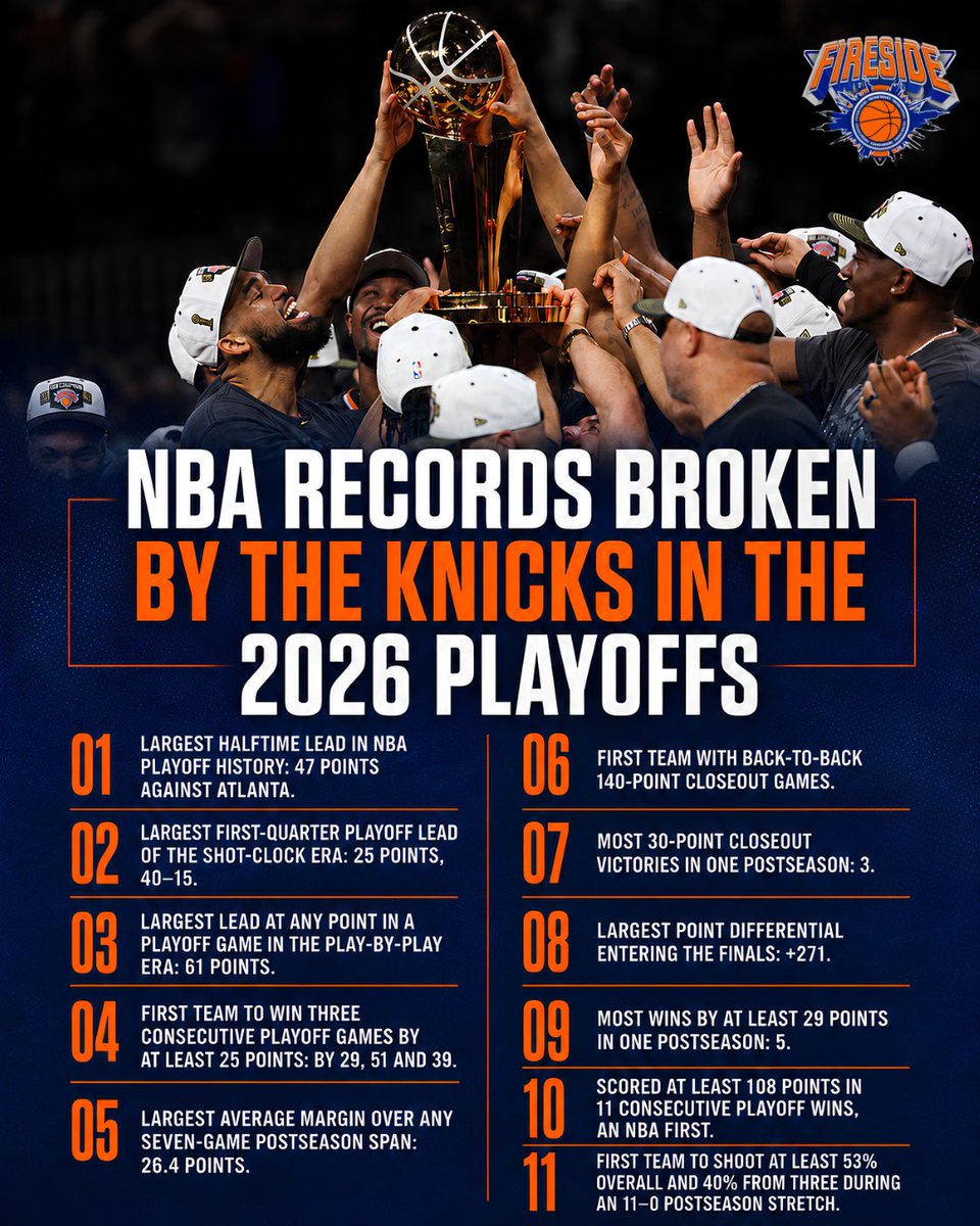 FiresideKnicks's tweet photo. The Knicks broke so many NBA records in the 2026 playoffs that we couldn’t fit them all in one graphic. https://t.co/JoNu7MfdeQ
