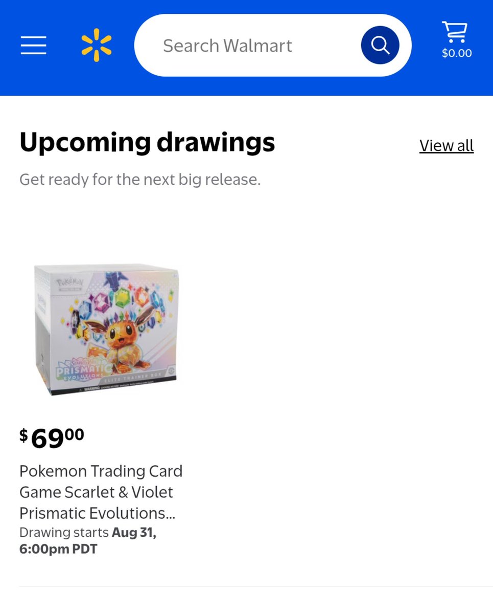 PokeTCGAlerts's tweet photo. The next Walmart Draw will be for Prismatic Evolutions ETBs! The drawing will start on August 31st at 6pm PDT / 9pm EDT ✅ Here is the link to save to join the draw when it goes live 🔖 
https://t.co/wa79kPpkT6
#ad https://t.co/WpGunNFdos