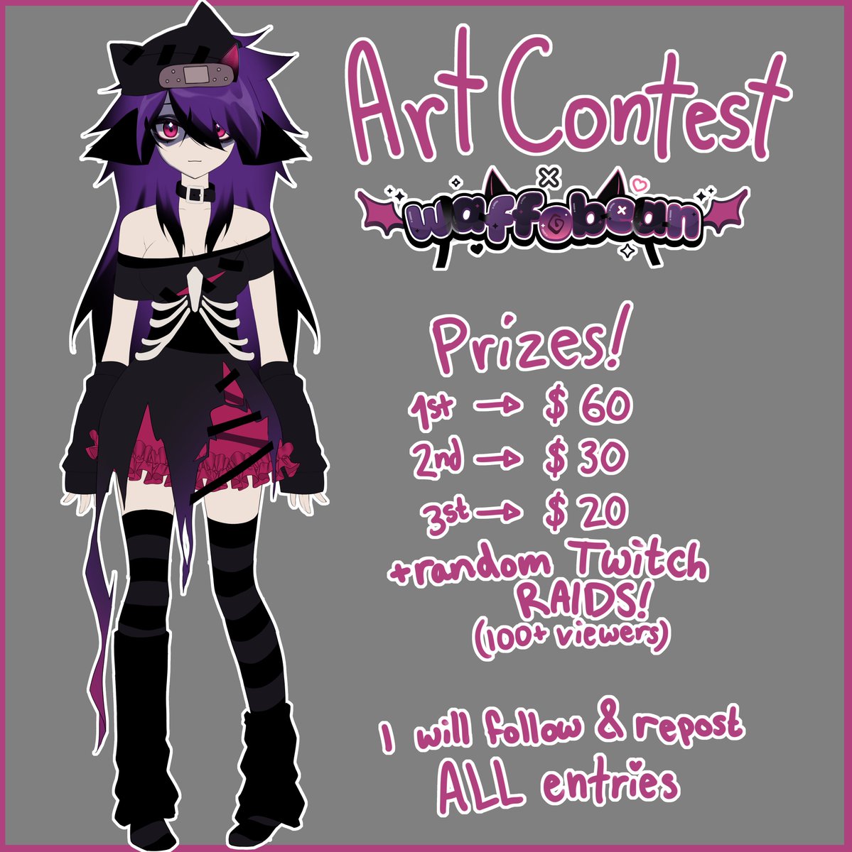 waffobean's tweet photo. ❤️‍🩹DEBUT ART CONTEST :D!!❤️‍🩹

The more people who enter, the more prizes I'll add!

Base Prizes:
1st place → $60
2nd place → $30
3rd place → $20
+ comment your Twitch under your submission to get RAIDED by waffobean :D

→I will raid ANYONE who joins the contest whether you win or not!

→I will raid up to 20x up UNTIL the due date, so the sooner you enter the more likely I am to raid you!

→No rules for the art! be creative!! 

→‼️TAG #waffoart26‼️

DUE DATE → 10/30