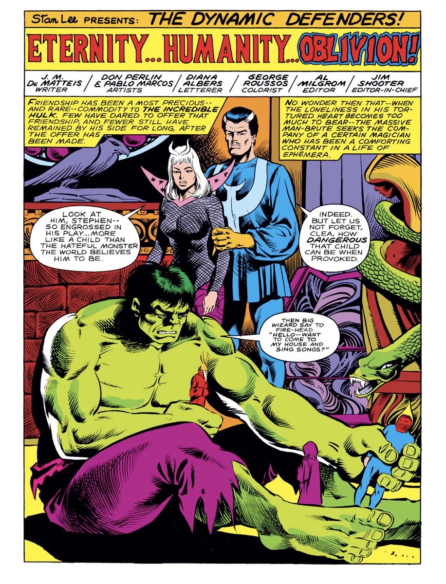 griffinMister's tweet photo. Started reading DeMatteis Defenders, the first two issues were fun

- Hulk’s depiction here and his dynamic with Clea is very sweet

- Love the implication that Strange gave him a Dormammu doll to play with assuming he’d destroy it https://t.co/8B3WOtiN5z