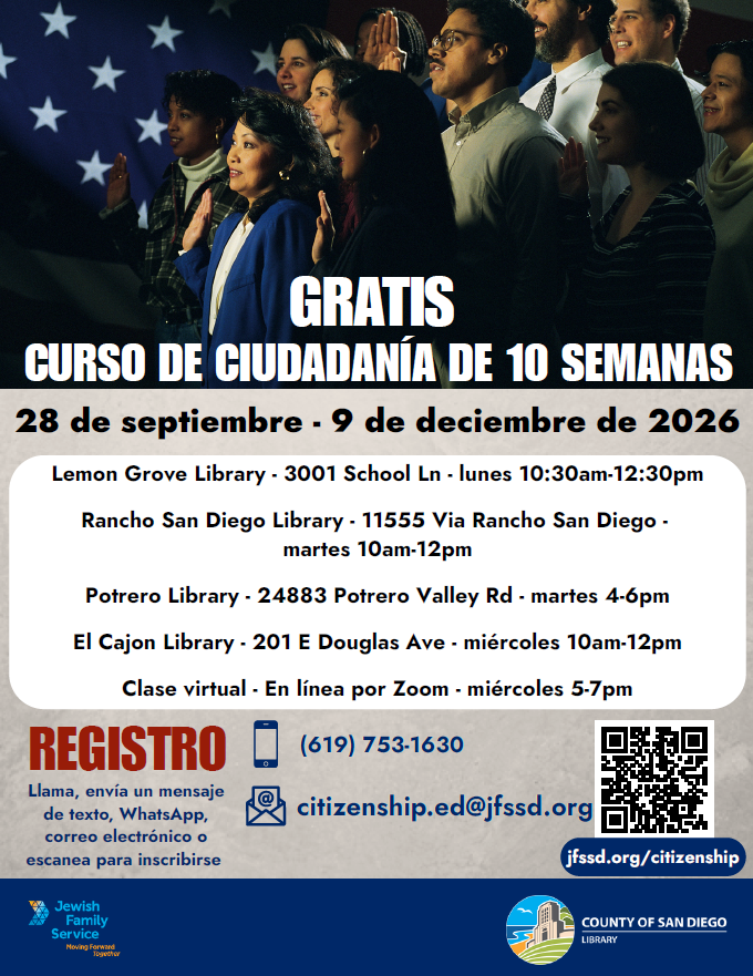 SDCountyLibrary's tweet photo. The 10-week Citizenship Course has returned! Classes run from September 28 - December 9, 2026. check out the attached flyers for locations and registration information. https://t.co/6bsMBgwjR7