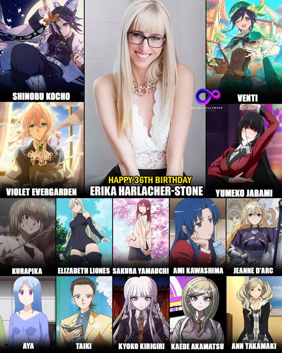BeyondHUpdate's tweet photo. Happy 36th Birthday to the Talented Erika Harlacher-Stone — Voice of Shinobu, Violet, Venti & More!

Born on August 29, 1990, Erika Harlacher-Stone celebrates her 36th birthday today! She has become one of the most recognizable English-language voice actresses in anime and video games, with a huge range of fan-favorite characters.

Shinobu Kocho — Demon Slayer: Kimetsu no Yaiba
Violet Evergarden — Violet Evergarden
Venti — Genshin Impact
Yumeko Jabami — Kakegurui
Kurapika — Hunter × Hunter
Elizabeth Liones — The Seven Deadly Sins
Sakura Yamauchi — I Want to Eat Your Pancreas
Ami Kawashima — Toradora!
Jeanne d’Arc (Ruler) — Fate/Apocrypha
Aya — TONIKAWA: Over the Moon for You
Taiki Kou / Sailor Star Maker — Sailor Moon Sailor Stars
Kyoko Kirigiri — Danganronpa: Trigger Happy Havoc
Kaede Akamatsu — Danganronpa V3: Killing Harmony
Ann Takamaki — Persona 5

From the calm intensity of Shinobu and Violet to the playful energy of Venti and the confidence of Ann Takamaki, Harlacher-Stone has brought an impressive variety of characters to life.

Happy 36th birthday, Erika Harlacher-Stone! 🎉🎙️✨

#ErikaHarlacherStone #HappyBirthday