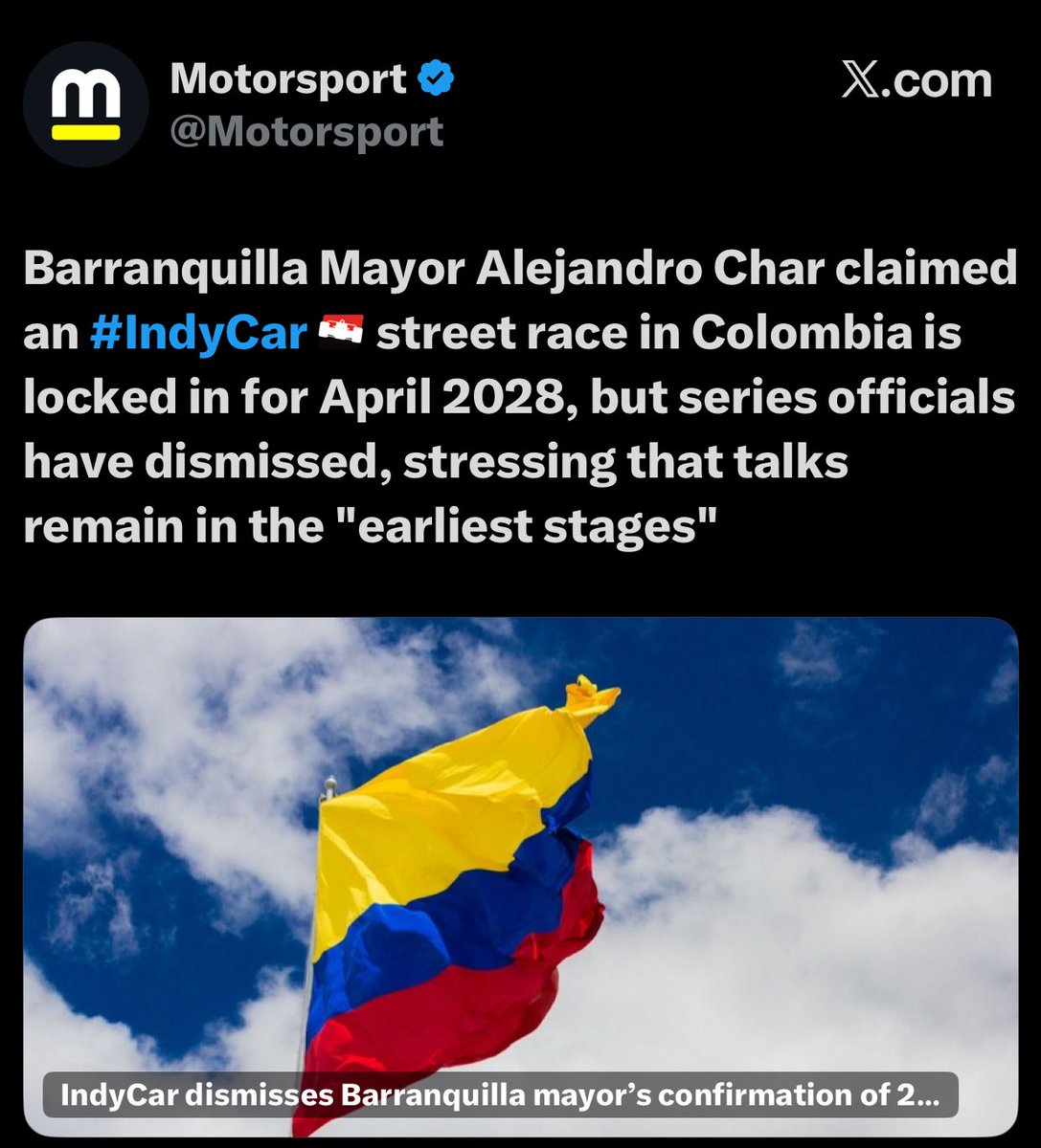 Autoextragti's tweet photo. Indycar acaba de desmentir al alcalde de #Barranquilla. “Aún no hay nada definido para una válida de la categoría”, afirmaron sus directivos. Motorsport lo confirma. El alcalde Char, por ahora, está hablando “pajarilla”, como dicen los costeños.

#Indycar https://t.co/GB54Wr4Yfq