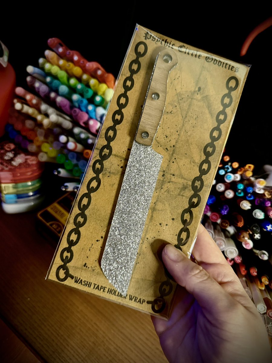 Mort3mer's tweet photo. Make your pencil bag a little more menacing! Washi tape holders available in the store now! These were so fun to design! Which is your favorite? 🗝️🪽🔪🦴#washitape #stationery #gothicart https://t.co/nJcBqhR6JC