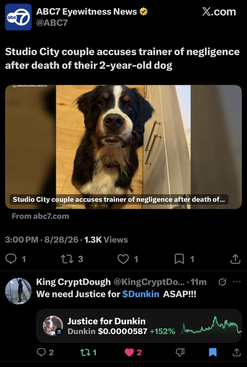CHUDSTERNFT's tweet photo. If you go to search and type in “Dunkin dog” and then hit latest query. You can find recent news posts from big news accounts like abc. Go on there and comment about how we made this coin to raise awareness of the situation. I even saw one of our fellow community members! https://t.co/rMmQQvTHml