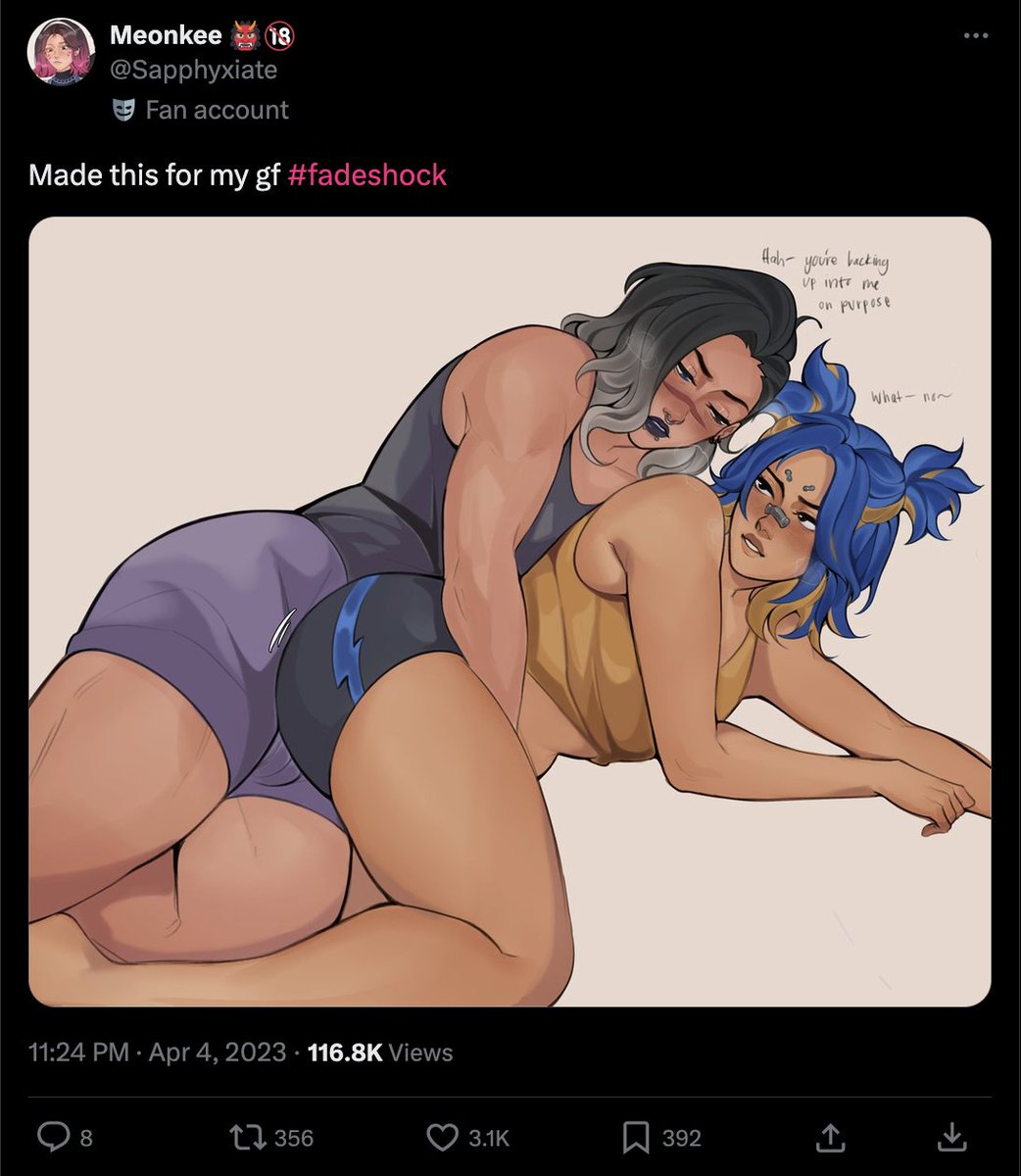 pipitfall's tweet photo. This is stolen art taken from @sapphyxiate and put through AI to replace Fade with Jett. Please take this down and stop stealing from artists to scam people with your fucking Valorant hacks discord. Disgusting behaviour. https://t.co/ddb3XETj0y