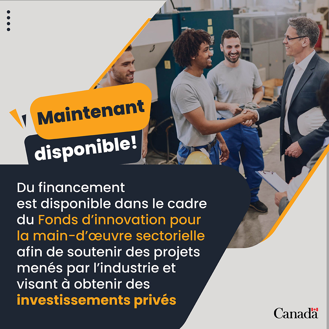 Maintenant disponible!
Du financement est disponible dans le cadre du Fonds d’innovation pour la main-d’œuvre sectorielle afin de soutenir des projets menés par l’industrie et visant à obtenir des investissements privés. Un gestionnaire serre la main d’un employé pendant une rencontre d’équipe.