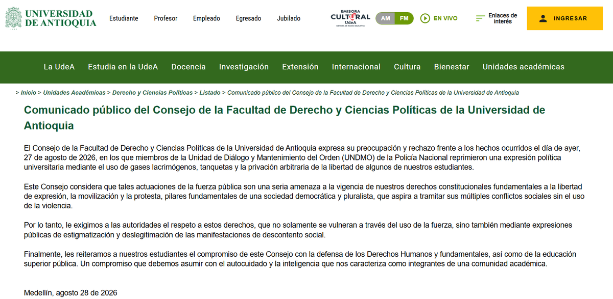 anacrisrestrepo's tweet photo. El Consejo de la Facultad de Derecho y Ciencias Políticas de @UdeA rechaza actuaciones de ayer de la fuerza pública: "Son una seria amenaza a la vigencia de nuestros derechos constitucionales fundamentales a la libertad de expresión, la movilización y la protesta". 1/2 https://t.co/iNA0ExTxPa
