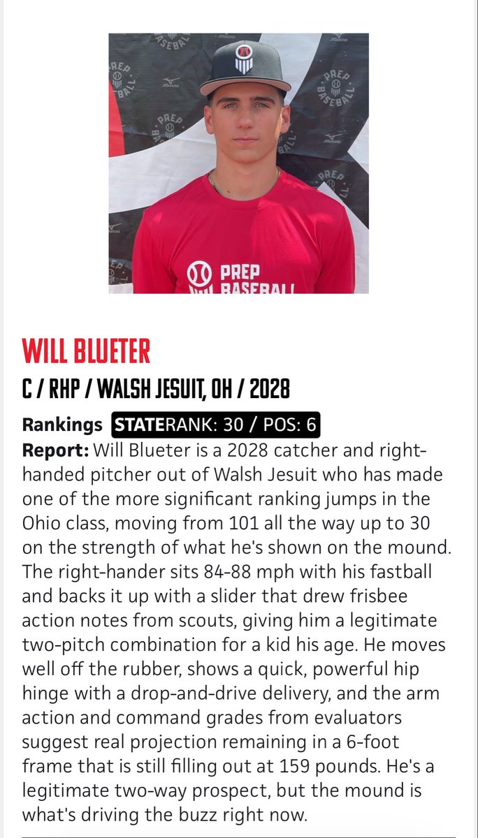willblueter's tweet photo. Thankful for the updated ranking by @PrepBaseballOH and @weldyprep. Glad to be named one of the players with the biggest jumps in the rankings. Thankful to have the opportunity to keep getting better and improving everyday! https://t.co/RPgqg5xUPX
