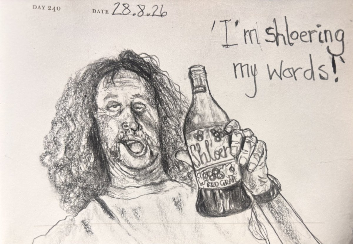 Venster67's tweet photo. One Sketch A Day 28.8.26
‘I’m shloering my words!’
#shloer #shloeringmywords #playonwords #onesketchaday #visualdiary https://t.co/e1tilmefRr