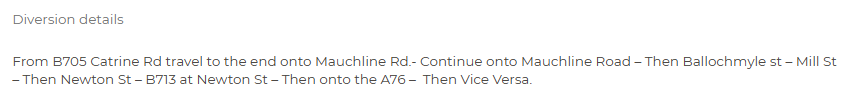 trafficscotland's tweet photo. @SWTrunkRoads ❗️UPDATE ⌚️21:53
🗺️#A76 Mauchline
⛔️The #A76 remains ⛔️CLOSED IN BOTH DIRECTIONS⛔️ due to a road traffic collision.
➡️A local diversion is in place, see below for details
🚗Drivers should use caution on approach and expect delays.
#PlanAhead at https://t.co/guU3RElWie https://t.co/mnfGmaBA3c