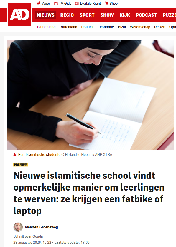 Miss_Royal73's tweet photo. Die school van Forum, ach zo vreselijk.... 😮‍💨

Maar híer hoor je niemand over; ouders en jongeren #omkopen met een fatbike of laptop zodat ze naar jouw islamitische school komen.... 👇🏻

Ondanks twee verloren rechtszaken zegt Soner Atasoy maandag toch een #islamitische middelbare mavo te openen in Gouda. Hij heeft buiten de gemeente om plek in de moskee gevonden en heeft een onorthodox plan om nieuwe leerlingen te werven: zij krijgen een #fatbike of #laptop.