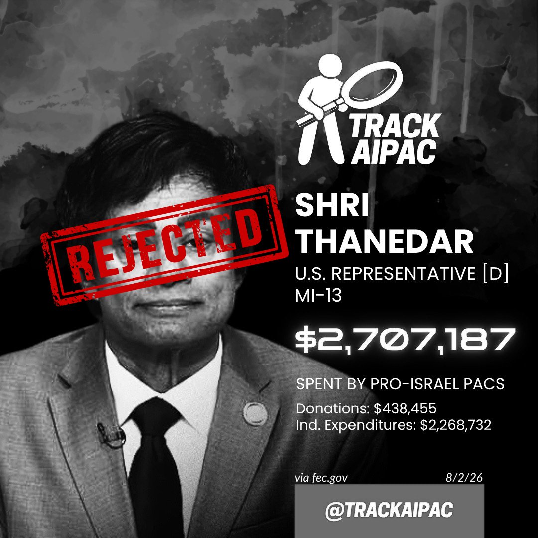 TrackAIPAC's tweet photo. @RepShriThanedar You just lost your seat for supporting the rogue Israeli apartheid state. https://t.co/SvPOQtdjMZ