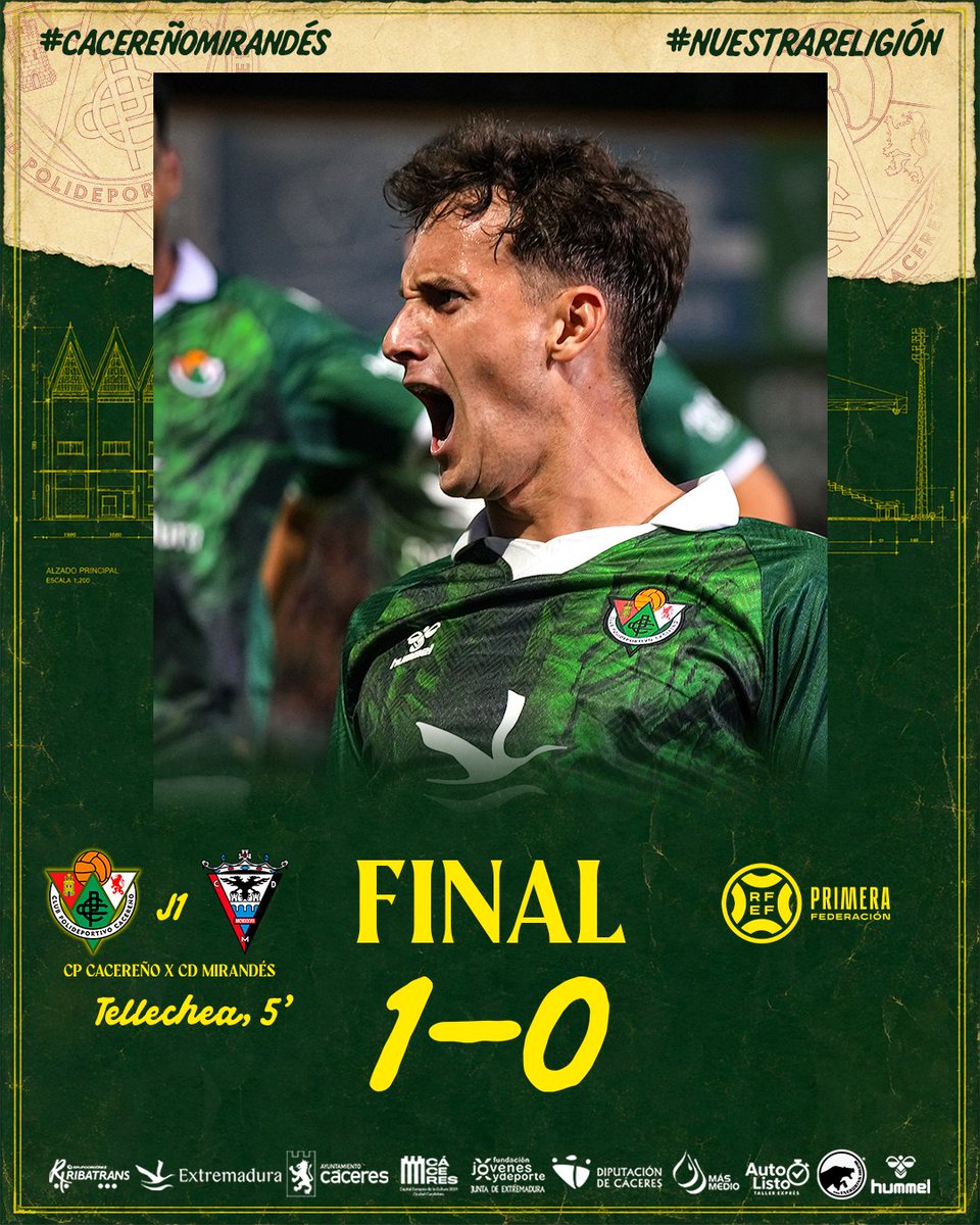 CPCacerenoSAD's tweet photo. 🔚 ¡¡¡¡Finaaaal del partido!!!! ¡¡¡¡El #CPCacereño se estrena con victoria ante uno de los recién descendido y favoritos al ascenso!!!! 🙌😁

📸 @fotografiasvp_ 

#CacereñoMirandés 💚 1-0 ⚪️

#NuestraReligión #AúpaCPC https://t.co/LwTv0O5IEQ