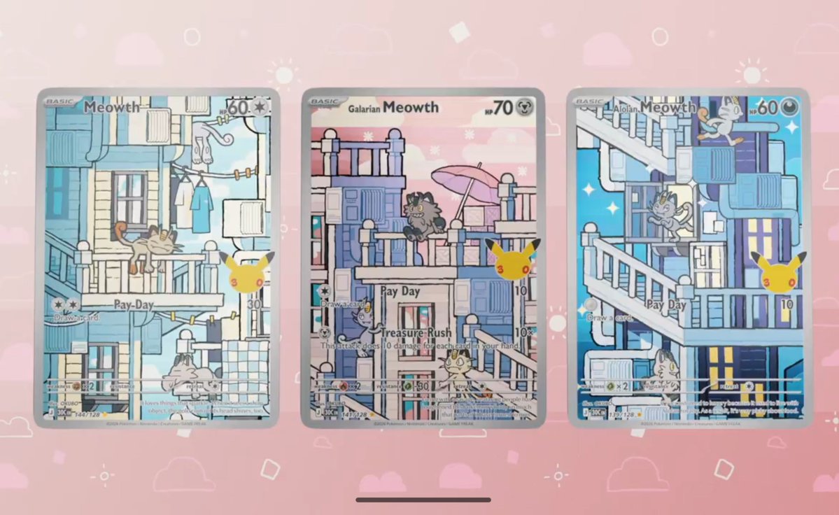 PokeTCGAlerts's tweet photo. Meowth, Galarian Meowth and Alolan Meowth from the upcoming 30th Celebration set were just officially revealed! 🎉
#PokemonTCG https://t.co/bst27pTODP