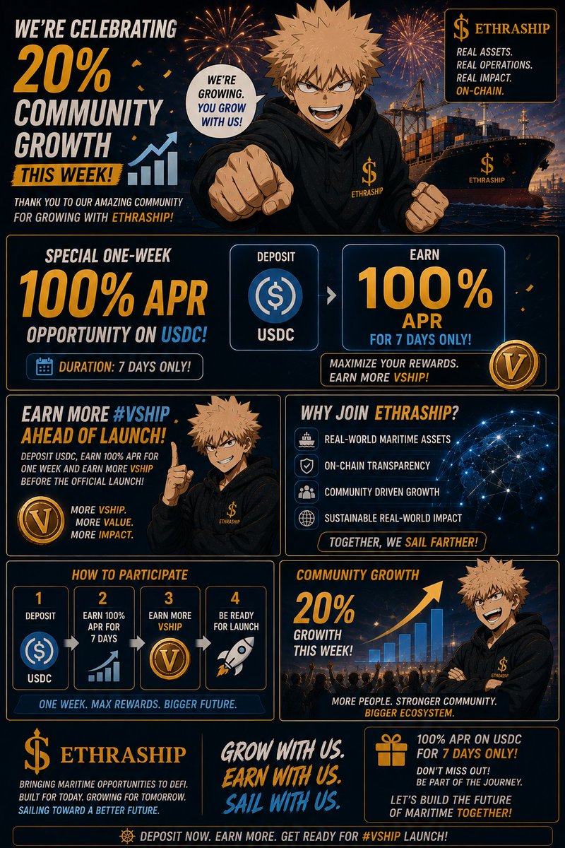 AnayoZion2197's tweet photo. @EthraShip is celebrating its 20% community growth this week with a special one-week 100% APR opportunity on USDC.
This gives participants a chance to earn more #VSHIP ahead of its launch while joining the growing EthraShip community and ecosystem.
https://t.co/tiBNfR2w3a https://t.co/dM9hiq9Npm
