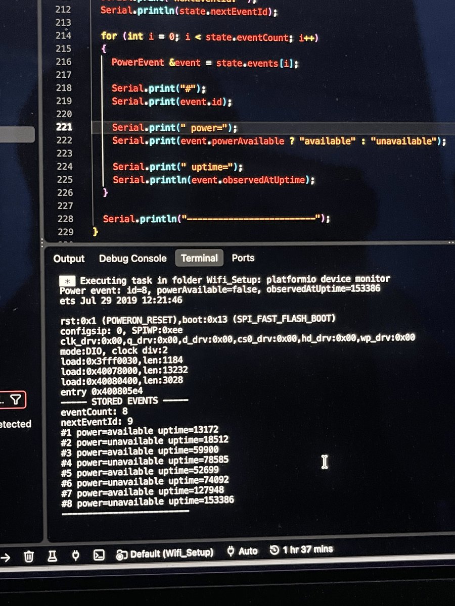dannyclassi_c's tweet photo. Started with an idea that needed embedded systems, a path I barely knew.
Now the ESP32 prototype can:
GPIO power-state detection → debounce → event queue → NVS persistence → Wi-Fi reconnect → backend health check → ordered retry.
Today the test server returned 405 on event sync.
Perfect.
The ESP32 kept the failed event, rebooted, and restored all 7 pending events from flash.
Next: cooking the Go backend + idempotent ingestion, then watching the queue finally drain 🔥