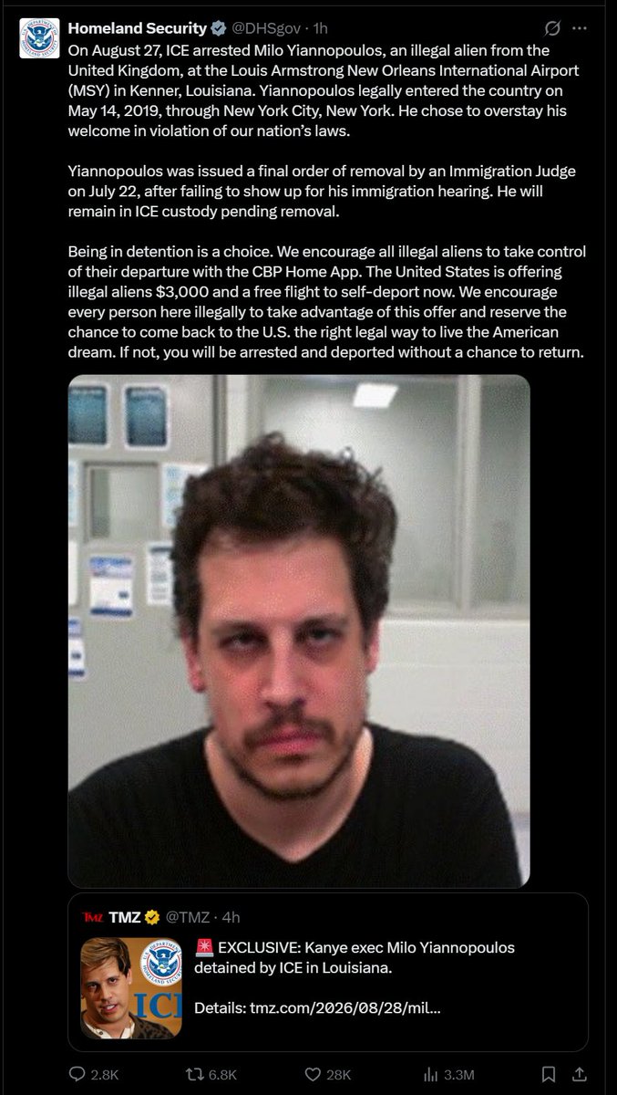 Paul_Mech2013's tweet photo. @RealAlexJones @hydmeister Milo Yiannopoulos former editor of Breitbart and a regular on InfoWars, has been detained by ICE, and will be deported.

@RealAlexJones  look who is taking credit for it... Loomer, now she's targeting anyone associated with him... Marjorie Taylor Green, Tucker Carlson.... https://t.co/CZbbohYjNB