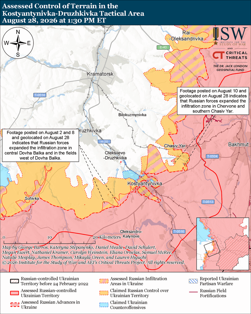 TheStudyofWar's tweet photo. Russian Offensive Campaign Assessment, August 28, 2026: Ukrainian forces struck a Russian strategic bomber at the Engels-2 Airbase in Saratov Oblast, demonstrating Ukraine’s ability to strike heavily defended targets in Russia’s rear.

Other Key Takeaways: 

Russian budgetary challenges resulting from its costly war effort, Ukraine’s long-range strike campaign, international sanctions, and economic mismanagement are manifesting in concrete operational problems.

The Russian Ministry of Defense (MoD) will likely expand its access to Russians’ personal and medical information ahead of rumored involuntary reserve call-ups after the September 20 State Duma elections.

Russian forces conducted an intercontinental ballistic missile (ICBM) test launch as part of the Kremlin’s nuclear saber-rattling to project military strength.

Russia is portraying its Starlink-jamming electronic warfare (EW) system as a breakthrough capability as part of its cognitive warfare effort to dissuade the United States from granting Ukraine access to Starlink over Russian territory.

Ukrainian forces made limited tactical advances in the Kostyantynivka direction.

Ukrainian forces are conducting repeat strikes against Russian oil refineries to keep them offline. Russia launched 164 drones against Ukraine overnight. (1/2)