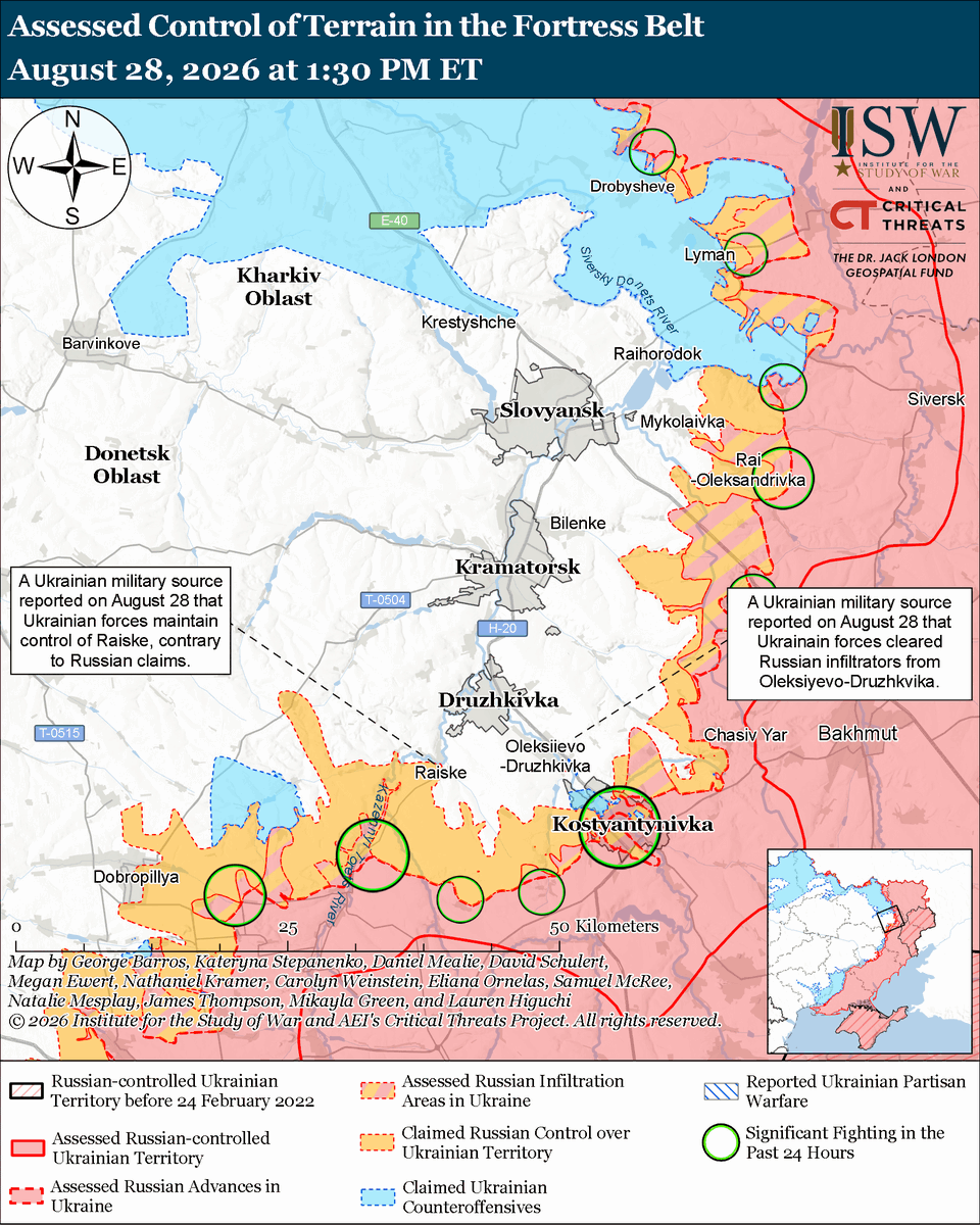 TheStudyofWar's tweet photo. Russian Offensive Campaign Assessment, August 28, 2026: Ukrainian forces struck a Russian strategic bomber at the Engels-2 Airbase in Saratov Oblast, demonstrating Ukraine’s ability to strike heavily defended targets in Russia’s rear.

Other Key Takeaways: 

Russian budgetary challenges resulting from its costly war effort, Ukraine’s long-range strike campaign, international sanctions, and economic mismanagement are manifesting in concrete operational problems.

The Russian Ministry of Defense (MoD) will likely expand its access to Russians’ personal and medical information ahead of rumored involuntary reserve call-ups after the September 20 State Duma elections.

Russian forces conducted an intercontinental ballistic missile (ICBM) test launch as part of the Kremlin’s nuclear saber-rattling to project military strength.

Russia is portraying its Starlink-jamming electronic warfare (EW) system as a breakthrough capability as part of its cognitive warfare effort to dissuade the United States from granting Ukraine access to Starlink over Russian territory.

Ukrainian forces made limited tactical advances in the Kostyantynivka direction.

Ukrainian forces are conducting repeat strikes against Russian oil refineries to keep them offline. Russia launched 164 drones against Ukraine overnight. (1/2)