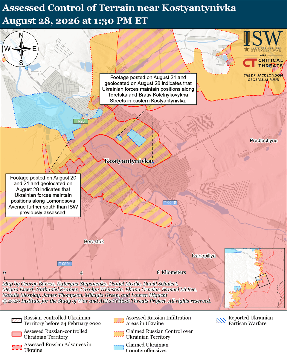 TheStudyofWar's tweet photo. Russian Offensive Campaign Assessment, August 28, 2026: Ukrainian forces struck a Russian strategic bomber at the Engels-2 Airbase in Saratov Oblast, demonstrating Ukraine’s ability to strike heavily defended targets in Russia’s rear.

Other Key Takeaways: 

Russian budgetary challenges resulting from its costly war effort, Ukraine’s long-range strike campaign, international sanctions, and economic mismanagement are manifesting in concrete operational problems.

The Russian Ministry of Defense (MoD) will likely expand its access to Russians’ personal and medical information ahead of rumored involuntary reserve call-ups after the September 20 State Duma elections.

Russian forces conducted an intercontinental ballistic missile (ICBM) test launch as part of the Kremlin’s nuclear saber-rattling to project military strength.

Russia is portraying its Starlink-jamming electronic warfare (EW) system as a breakthrough capability as part of its cognitive warfare effort to dissuade the United States from granting Ukraine access to Starlink over Russian territory.

Ukrainian forces made limited tactical advances in the Kostyantynivka direction.

Ukrainian forces are conducting repeat strikes against Russian oil refineries to keep them offline. Russia launched 164 drones against Ukraine overnight. (1/2)