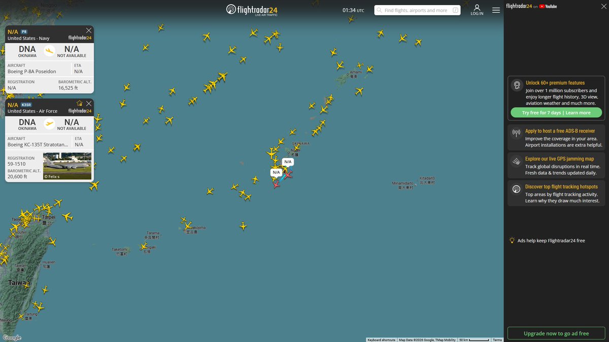 AIYeyENGDdJkjTr's tweet photo. Aug. 29, 2026
#Okinawa Kadena Air Base ==> #South China Sea 

#NoCALLSIGN #AE6822 USN P-8A Poseidon 

Air Refueling
#NoCALLSIGN #AE0141 USAF KC-135T Stratotanker https://t.co/6hEsrNNfc9