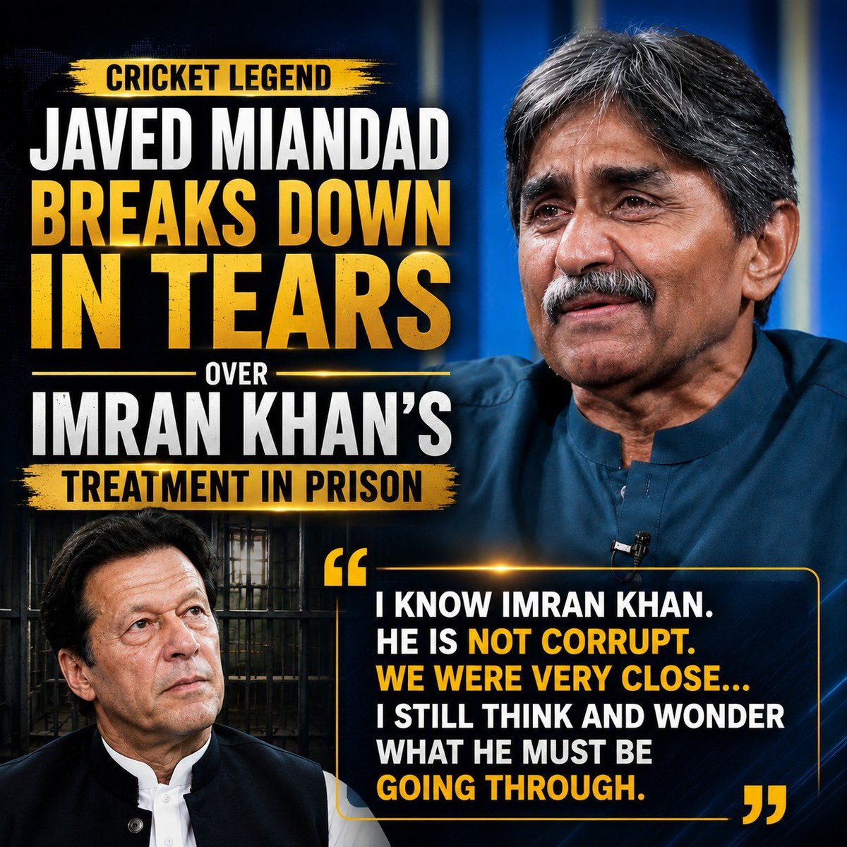 PTIofficial's tweet photo. “I know Imran Khan. He is not corrupt.” Javed Miandad 

#TorturingImranKhanIsACrime https://t.co/lGLIoewICW