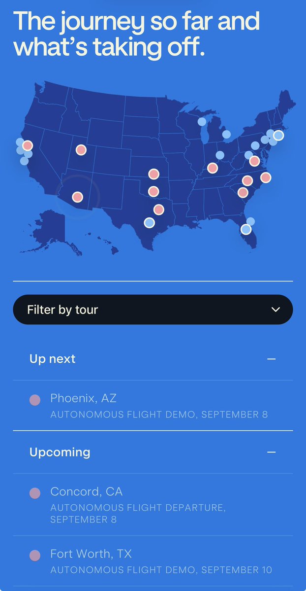 oliwalkerjones's tweet photo. Our $JOBY Electric Skies Tour website has been updated 🚨! Check it out to see what’s up next. 🚀 ⚡️ ☁️ https://t.co/uUUHOPle93
