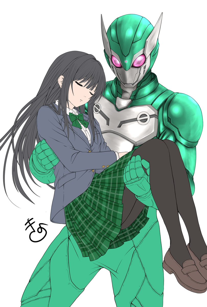 sugokukiyotteru's tweet photo. 間を置いてからのオリジナル仮面ライダー＆ヒロイン進捗。
塗ると大分雰囲気変わるんだなぁこの子…って印象です(他人事並感)
複眼の中のカエル目を主張しすぎずしなさすぎずに色合い調整するのが地味に大変。

skebの方も(自分基準では)しっかり進めております。頑張れ自分！ https://t.co/s0wjvaxwgA