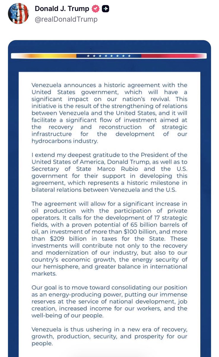GuntherEagleman's tweet photo. BREAKING: Venezuela just thanked President Trump and Secretary Rubio in writing for a historic oil deal.

17 strategic fields.

65 BILLION barrels.

$100+ billion in private investment.
$209 billion in taxes for their state.

Trump says it more than doubles American oil reserves and will drive gas prices down — at no cost to the U.S. taxpayer.

This is America First energy policy in real time: tap the hemisphere, rebuild a broken industry, and stop begging the rest of the world for crude.

The media will find a way to hate it. Watch.