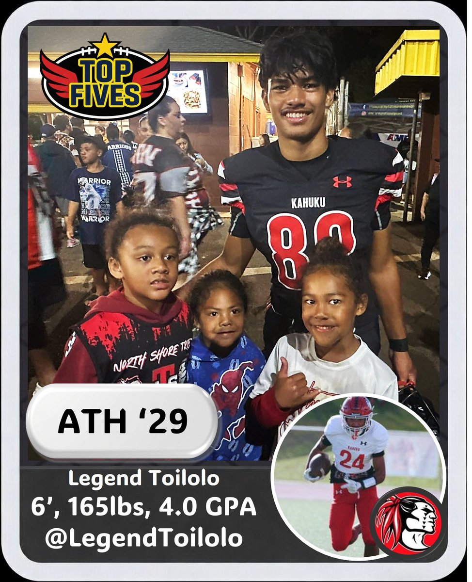 TheTop5s_'s tweet photo. 🌈🏝️   ALOHA FRIDAY   🏄‍♂️🌊
HI - Lighting ⭐️⭐️⭐️⭐️⭐️ playmakers
Aiea HS
2027 WR/RB @casonbrooke2027
2027 WR/DB @kilaspencer
2029 QB @caizeljk

Campbell HS
2027 3⭐️ DB @isaiah_chong
2028 OG/C @siua_afungia

Kahuku
2027 WR @jonaswong_12 
2028 QB @justicelaa_7
2029 ATH @legendtoilolo 

Kailua HS
2028 EDGE @HHonebein2028 
2027 EDGE @kruzeyyy 
2027 3⭐️ OL @Randolph_S2027 
2029 OL/DL @bigeliiiiii 
2027 RB @daitonbrown08
2027 WR @hayzin_gonda
2027 WR @tayvin_kahele 

Kapolei HS
2028 3⭐️ OL @hot_laulau
2030 DL @trench_j1k 

Kamehameha Kapalama
2028 ATH @hansomalvarico_ (RB, DB) 
2028 DL @lennoxchee 
2030 DL @pohakea_k
2027 EDGE/LB @linkinapana2027 
2028 LB @taupurcell 
2027 QB @justicelaa_7
2029 OL @zystnpaakaula

Leilehua
2027 DB @strykers32

Mililani HS
2027 ATH @_blesssix
2027 DE @suniafinau 
2029 WR @ashtongrace29
2030 QB @obrienainuu 
2029 DB @tauafonoti
2029 LB @Adriandiasjr

Moanalua HS
2029 QB @kamakoaGM 

Punahou
2028 EDGE/LB @tylerklim09 
2028 LB @tautua_tafiti 
2029 QB @tutoafili 

Radford HS
2029 LB/RB @schulz_silas8

St. Louis 
2027 DE @KonaAcedillo
2029 QB @lukeshigata 

Waianae 
2029 LB/DB @satele13