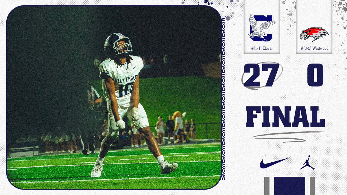 BlueEagleAD's tweet photo. Blue Eagles make the trip down I-77 and get the job done tonight against Westwood to pick up their first win of the year! Congratulations to Coach Swag on getting his first win as a Blue Eagle! Also big βAtta Boyβ to Coach Hall and his defense tonight! #WeAreClover #TheCloverWay https://t.co/A1A2KDojL6
